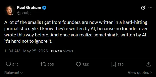 Paul Graham: Τα email ιδρυτών γραμμένα από AI είναι παραπλανητικά.